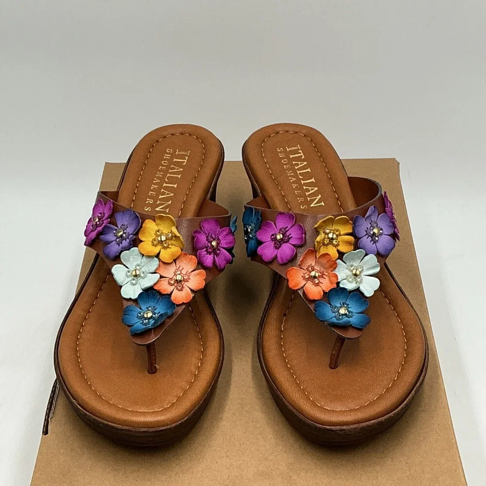 ITALIAN Shoemakers Emina Sandals Women's US 8.5 Brown Floral Slip On Eby4453